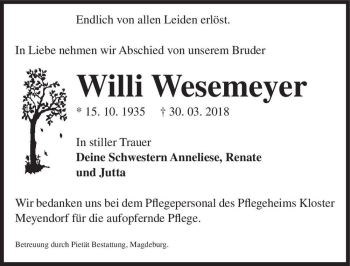 Traueranzeige von Willi Wesemeyer  von Magdeburger Volksstimme