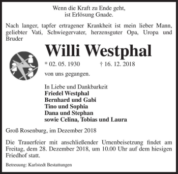 Traueranzeige von Willi Westphal  von Magdeburger Volksstimme