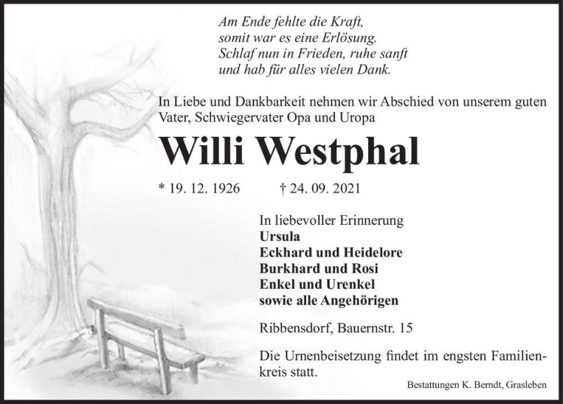  Traueranzeige für Willi Westphal  vom 29.09.2021 aus Magdeburger Volksstimme