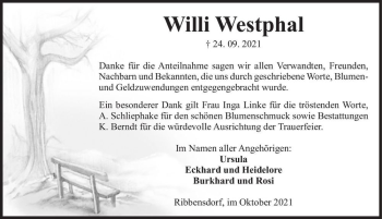 Traueranzeige von Willi Westphal  von Magdeburger Volksstimme