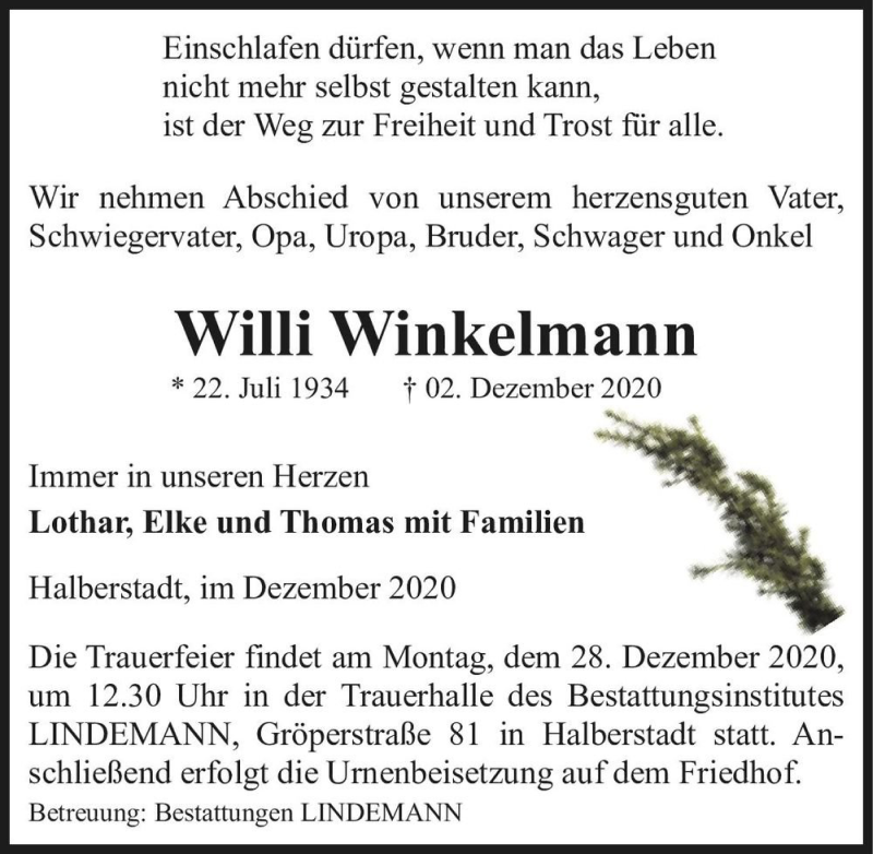  Traueranzeige für Willi Winkelmann  vom 05.12.2020 aus Magdeburger Volksstimme