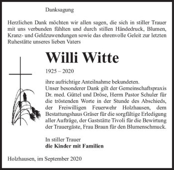 Traueranzeige von Willi Witte  von Magdeburger Volksstimme