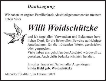 Traueranzeige von Willi Woidschützke  von Magdeburger Volksstimme