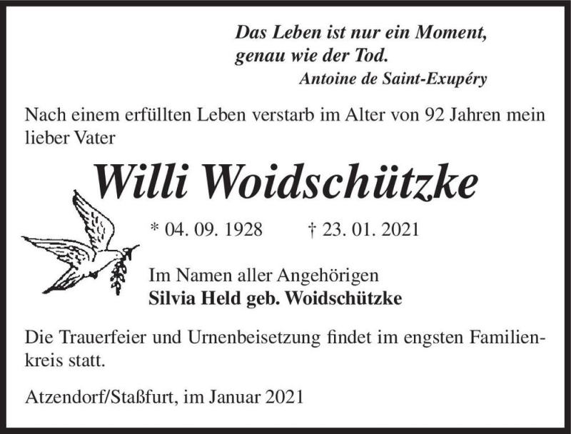  Traueranzeige für Willi Woidschützke  vom 30.01.2021 aus Magdeburger Volksstimme