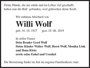 Traueranzeige von Willi Wolf  von Magdeburger Volksstimme