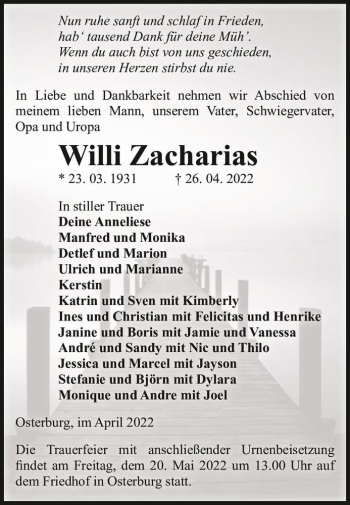 Traueranzeige von Willi Zacharias  von Magdeburger Volksstimme