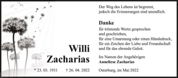 Traueranzeige von Willi Zacharias  von Magdeburger Volksstimme