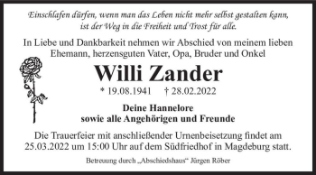 Traueranzeige von Willi Zander  von Magdeburger Volksstimme