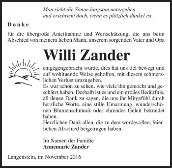 Traueranzeige von Willi Zander  von Magdeburger Volksstimme
