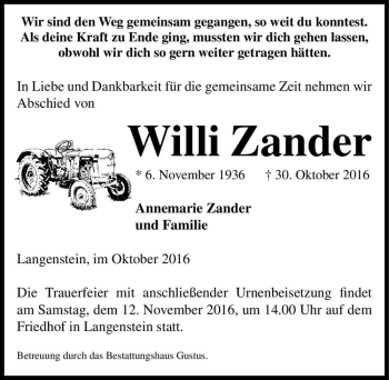 Traueranzeige von Willi Zander  von Magdeburger Volksstimme