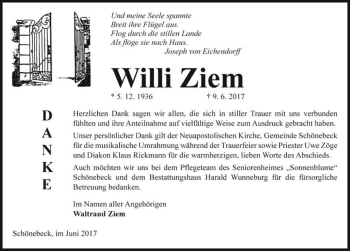 Traueranzeige von Willi Ziem  von Magdeburger Volksstimme
