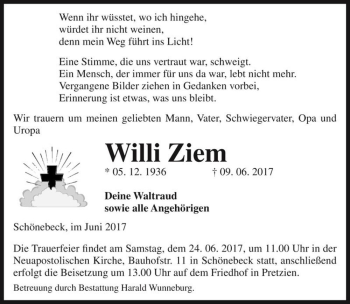Traueranzeige von Willi Ziem  von Magdeburger Volksstimme