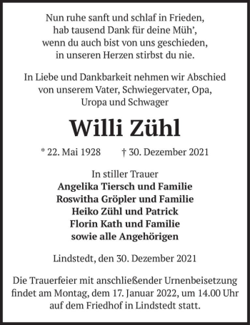 Traueranzeige von Willi Zühl  von Magdeburger Volksstimme