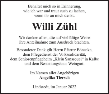 Traueranzeige von Willi Zühl  von Magdeburger Volksstimme