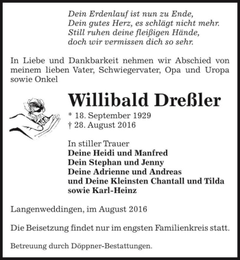 Traueranzeige von Willibald Dreßler  von Magdeburger Volksstimme
