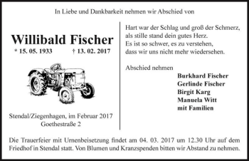 Traueranzeige von Willibald Fischer  von Magdeburger Volksstimme