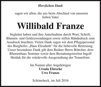 Traueranzeige von Willibald Franze  von Magdeburger Volksstimme