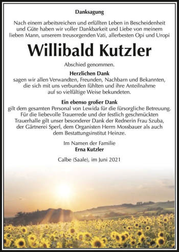 Traueranzeige von Willibald Kutzler  von Magdeburger Volksstimme