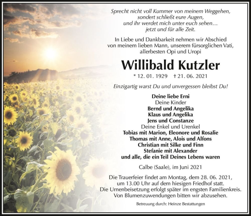 Traueranzeige für Willibald Kutzler  vom 26.06.2021 aus Magdeburger Volksstimme