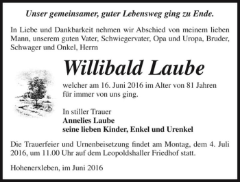Traueranzeige von Willibald Laube  von Magdeburger Volksstimme