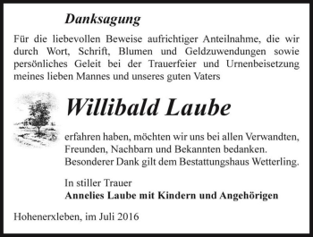 Traueranzeige von Willibald Laube  von Magdeburger Volksstimme