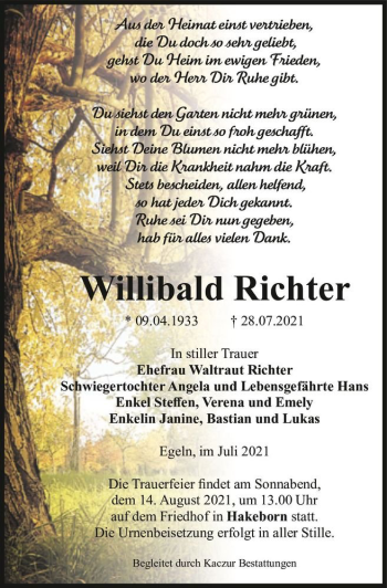 Traueranzeige von Willibald Richter  von Magdeburger Volksstimme