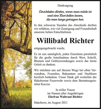 Traueranzeige von Willibald Richter  von Magdeburger Volksstimme