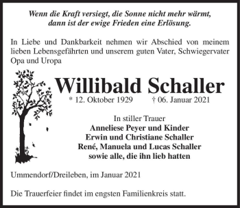Traueranzeige von Willibald Schaller  von Magdeburger Volksstimme
