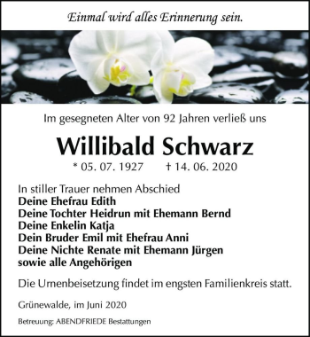 Traueranzeige von Willibald Schwarz  von Magdeburger Volksstimme