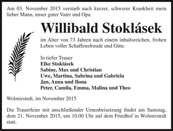 Traueranzeige von Willibald Stoklásek  von Magdeburger Volksstimme