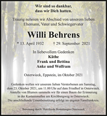 Traueranzeige von Willie Behrens  von Magdeburger Volksstimme