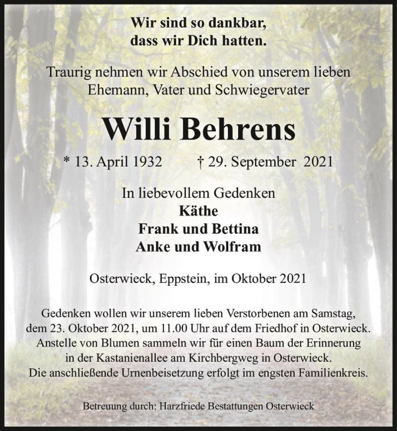  Traueranzeige für Willie Behrens  vom 02.10.2021 aus Magdeburger Volksstimme