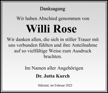 Traueranzeige von Willie Rose  von Magdeburger Volksstimme