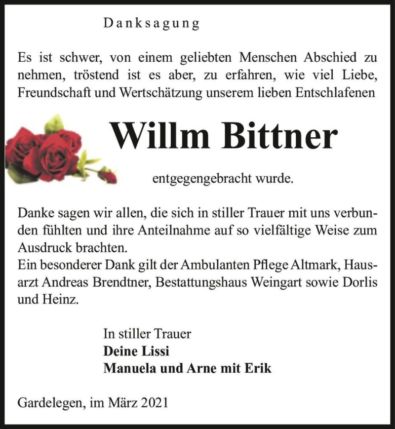  Traueranzeige für Willm Bittner  vom 17.03.2021 aus Magdeburger Volksstimme