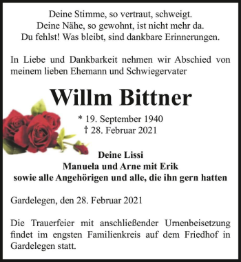 Traueranzeige von Willm Bittner  von Magdeburger Volksstimme