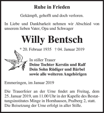 Traueranzeige von Willy Bentsch  von Magdeburger Volksstimme