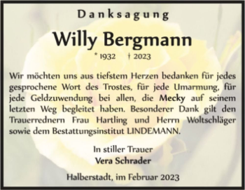 Traueranzeige von Willy Bergmann  von Magdeburger Volksstimme