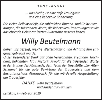 Traueranzeige von Willy Beutelmann  von Magdeburger Volksstimme