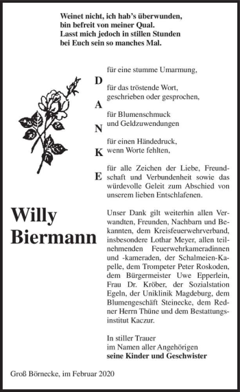 Traueranzeige von Willy Biermann  von Magdeburger Volksstimme