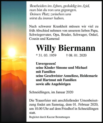 Traueranzeige von Willy Biermann  von Magdeburger Volksstimme
