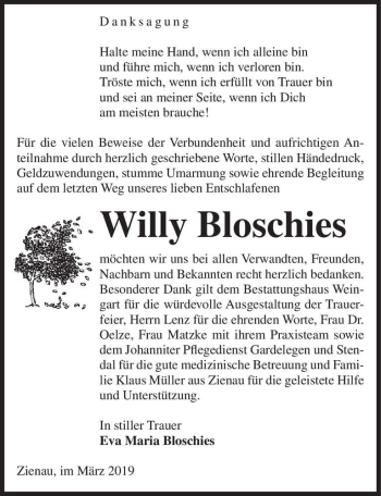 Traueranzeige von Willy Bloschies  von Magdeburger Volksstimme