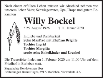 Traueranzeige von Willy Bockel  von Magdeburger Volksstimme