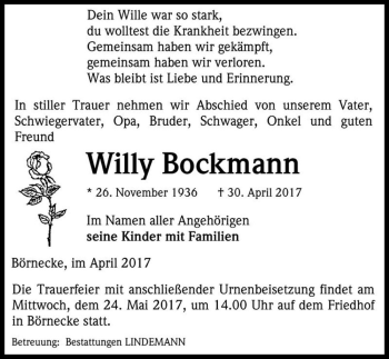 Traueranzeige von Willy Bockmann  von Magdeburger Volksstimme