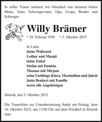 Traueranzeige von Willy Brämer  von Magdeburger Volksstimme
