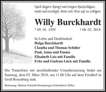 Traueranzeige von Willy Burckhardt  von Magdeburger Volksstimme