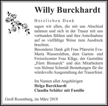 Traueranzeige von Willy Burckhardt  von Magdeburger Volksstimme