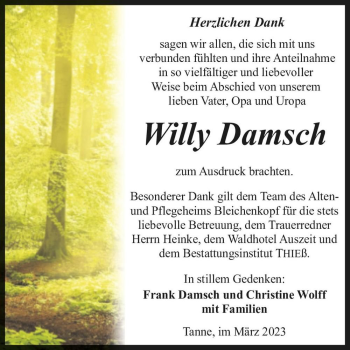 Traueranzeige von Willy Damsch  von Magdeburger Volksstimme