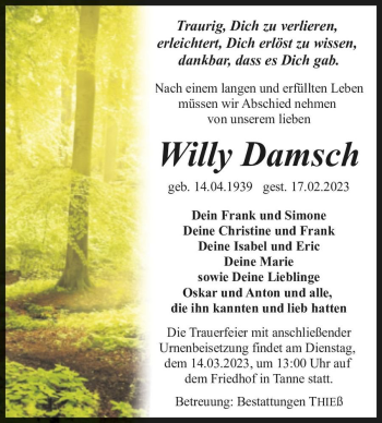 Traueranzeige von Willy Damsch  von Magdeburger Volksstimme