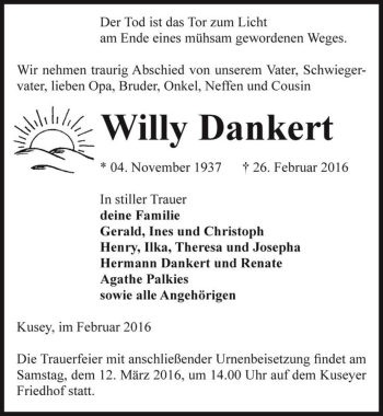 Traueranzeige von Willy Dankert  von Magdeburger Volksstimme