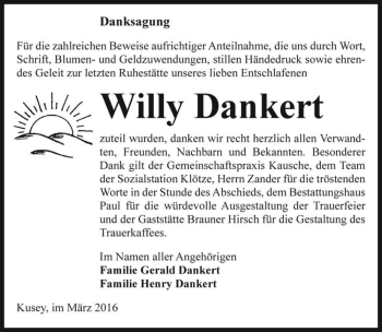 Traueranzeige von Willy Dankert  von Magdeburger Volksstimme